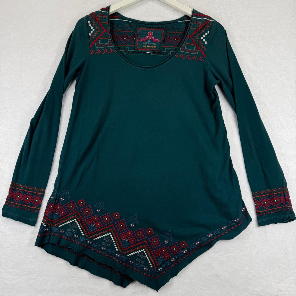 JW Los Angeles Johnny Was Teal‎ Green Embroidered Asymmetrical Cotton Top Small